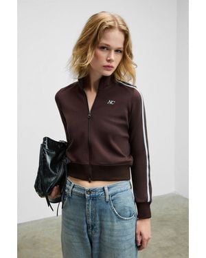 Grimelange Striped Crop Zipper Sweatshirt - Brown