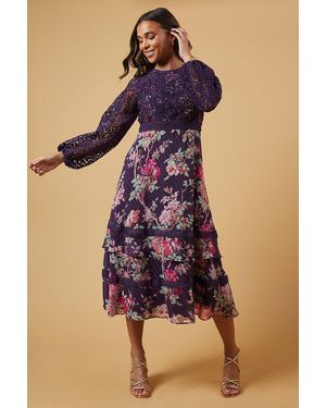Oasis Petite Occasion Floral Lace Bodice Midi Dress - Blue