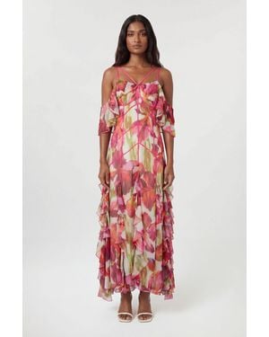 Karen Millen Crinkle Print Beaded Cold Shoulder Maxi Dress - Red