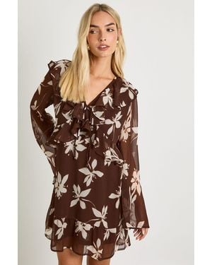 Boohoo Floral Frill Chiffon Smock Dress - Brown