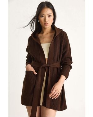 Bianco Lucci Hooded Cardigan With Tie Closure - Brown