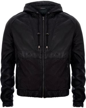 Infinity Leather Zipped Hooded Bomber Biker Jacket - Black