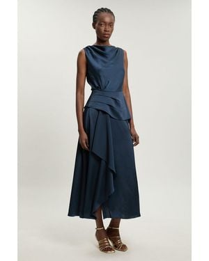 Karen Millen Textured Satin Ruffle Detail Sleeveless Midi Dress - Blue