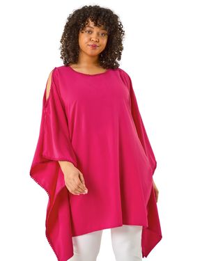 Roman Curve Bobble Trim Hanky Hem Top - Red