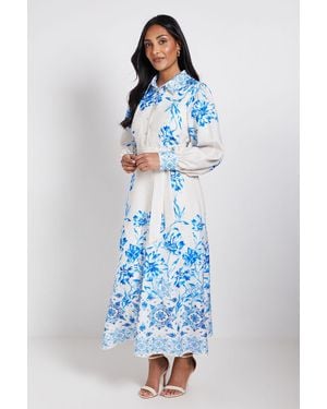 Wallis Petite Floral Belted Midi Shirt Dress - Blue
