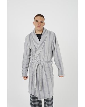 Brave Soul Striped Long Length Sherpa Dressing Gown - Grey