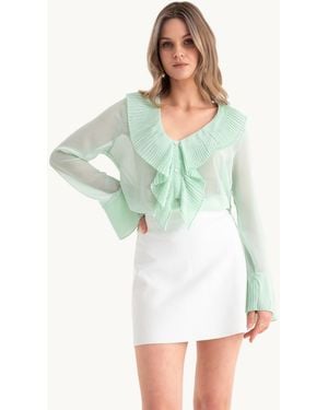 Hiccup V Neck Buttoned Bell Sleeves Mesh Blouse - Green