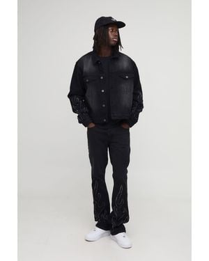 BoohooMAN Flame Applique Regular Fit Jean Jacket - Black