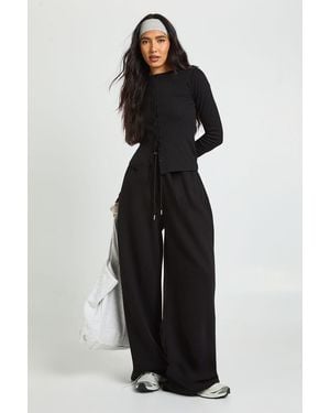 Boohoo Tall Rib Button Through Long Sleeve Top Tracksuit - Black