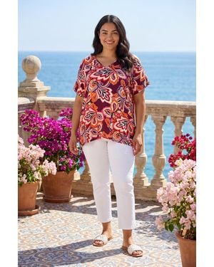 Roman Curve Floral Print V-Neck Cold Shoulder Top - Red