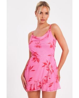 Quiz Mesh Floral Playsuit - Pink