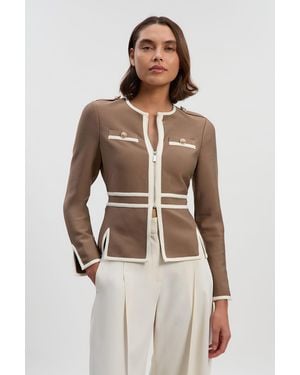 Karen Millen Petite Figure Form Bandage Military Contrast Piping Knit Split Hem Jacket - Natural