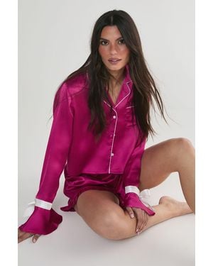 Nasty Gal Satin Contrast Piping Tie Sleeve Ruffle Pyjama Shorts Set - Pink