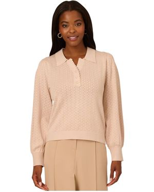 Adrianna Papell Long Sleeve Pointelle Jumper With A Polo Collar - Natural