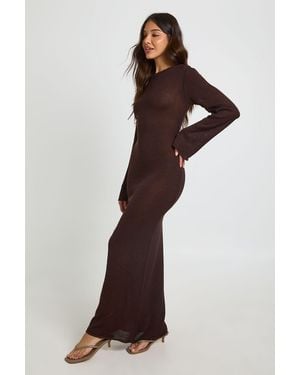 Boohoo Slash Neck Long Sleeve Knitted Maxi Dress - Brown