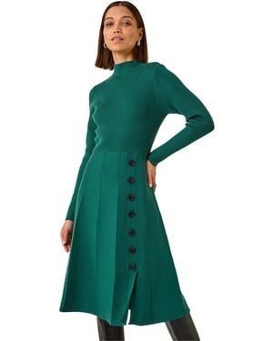 Roman Button Detail Knitted Dress - Green
