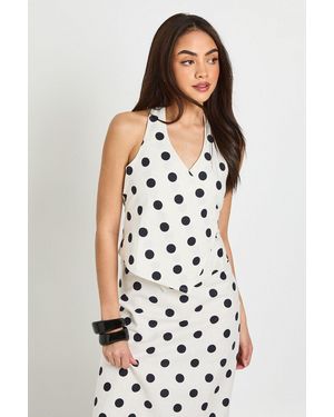 Boohoo Polka Dot Linen Look Halterneck Wrap Top - White