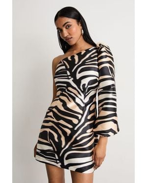 Warehouse One Shoulder Puff Sleeve Mini Dress - Multicolour