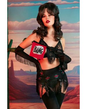 Bettie Page Lingerie Western Floral Emboidery & Fringe Suspender Belt - Black