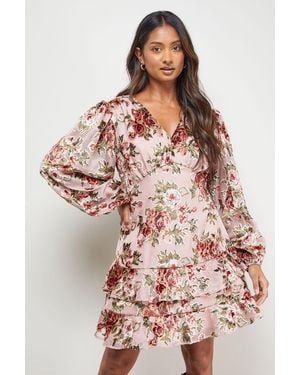 Oasis Devore Tiered Puff Sleeve Mini Tea Dress - Multicolour