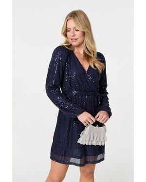Izabel London Sparkly Sequin Long Sleeve Mini Wrap Dress - Blue