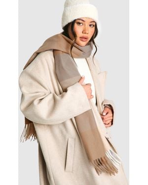 Boohoo Contrast Checked Knitted Tassel Scarf - Natural