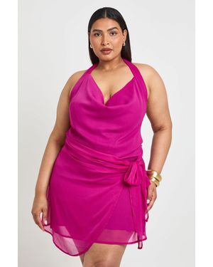 Boohoo Plus Chiffon Wrap Cowl Neck Mini Dress - Pink