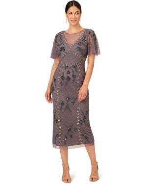 Adrianna Papell Flutter Beaded Ankle Dress - Brown