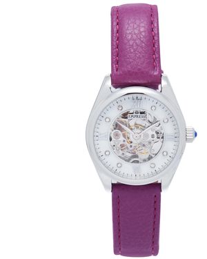 Empress Magnolia Automatic Mop Skeleton Dial Leather-Band Watch - Purple