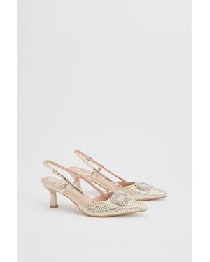 Oasis Layla Faux Leather Woven Embellished Square Trim Point Kitten Heel Court Shoes - Natural