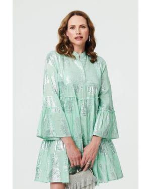 Izabel London Printed 3/4 Sleeve Tiered Short Dress - Green