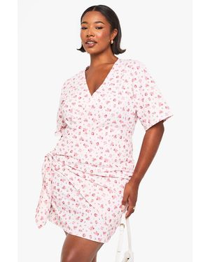 Boohoo Plus Ditsy Drop Waist Wrap Dress - Pink