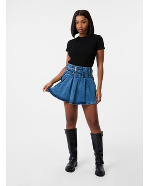 Pink Vanilla Denim Double Belt Pleat Mini Skirt - Blue