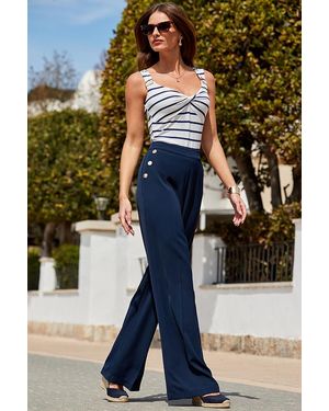 Sosandar Button Detail Wide Leg Trousers - Blue