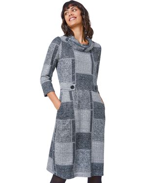 Roman Patchwork Cowl Neck Button Detail Dress - Blue