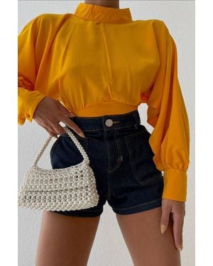 Hiccup High Neck Baloon Sleeve Ruched Cropped Shirt - Blue