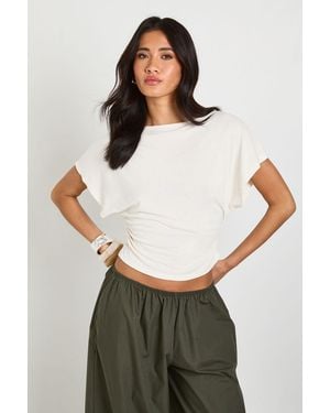 Boohoo Cupro Boat Neck Cinched Waist Top - White