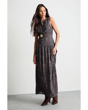 Warehouse Printed Dropped Waist Chiffon Tiered Maxi Dress - Black
