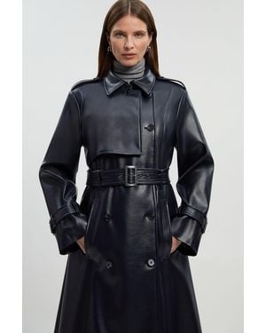 Karen Millen Faux Leather Belted Trench Coat - Blue