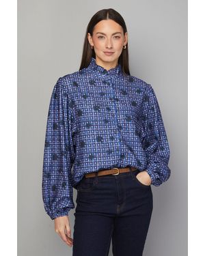 Wallis Check Ruffle Collar Button Blouse - Blue