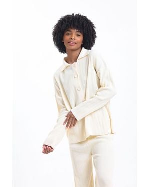 Hiccup 2 Pieces: Knitted Buttoned Shirt & High Waist Straight Leg Trousers - White