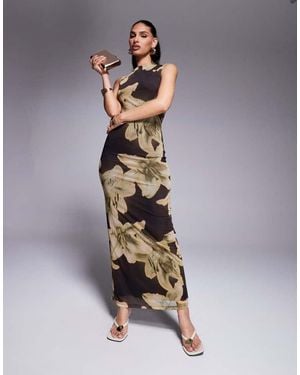 ASOS Oversized Floral Printed Mesh Slash Neck Maxi Dress - Brown