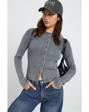 Boohoo Acid Wash Button Through Long Sleeve Top - Grey