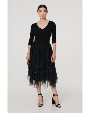 Izabel London Reversible Hanky Hem Mesh & Knit Midi Skirt - Black