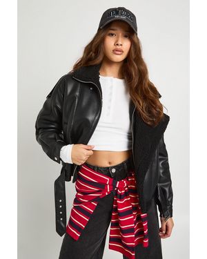 Boohoo Borg Trim Faux Leather Bonded Aviator - Red