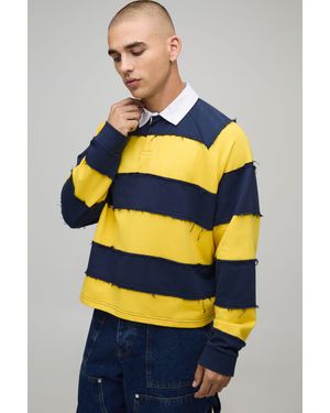 BoohooMAN Oversized Shrunken Distressed Long Sleeve Rugby Polo - Yellow