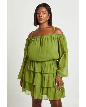 Boohoo Plus Chiffon Ruffle Cold Shoulder Mini Dress - Green
