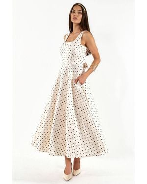 Hiccup Polka Dot Tie Detail Midi Dress - Natural