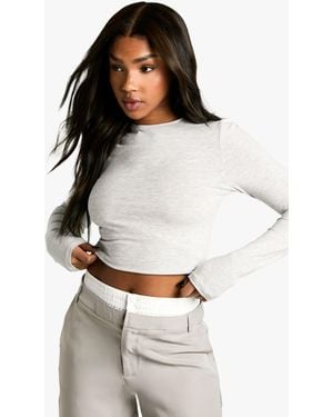 Boohoo Basics Longline Long Sleeve Crew Neck Top - White