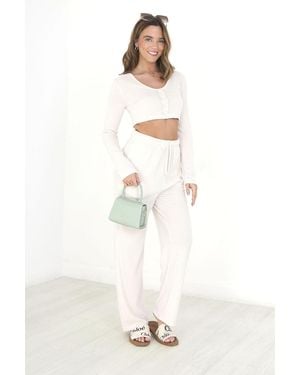 Brave Soul 'Noon' Cropped Long Sleeve & Wide Leg Lounge Set Polyester/Viscose - White